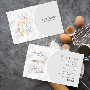 Cake Mixer Bakery Floral Marble Grey Business Card