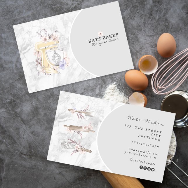 Cake Mixer Bakery Floral Marble Grey Business Card (cake bakery chef)