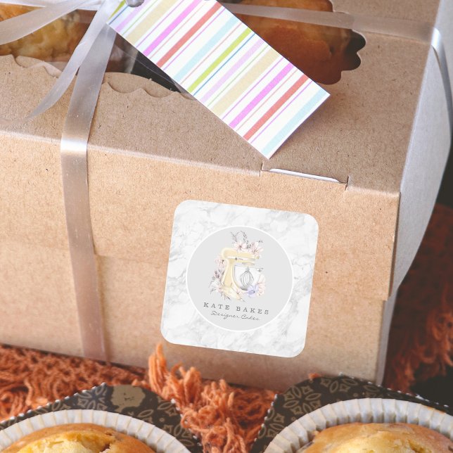 Cake Mixer Bakery Floral Marble Grey Watercolour Square Sticker (Creator Uploaded)