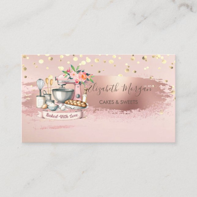 Cake Mixer Flower,Gold Confetti, Brush Stroke  Business Card (Front)