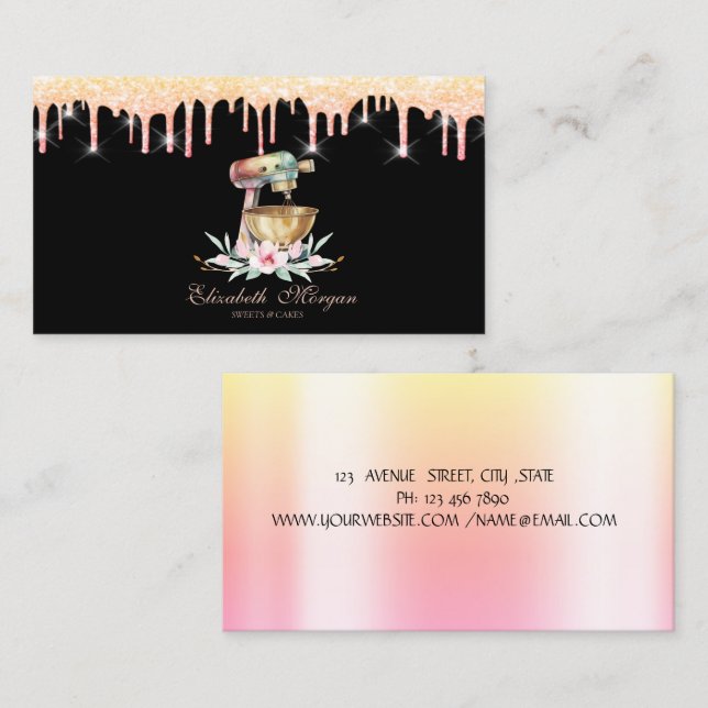 Cake Mixer Flowers Glitter Drips Black  Business Card (Front/Back)