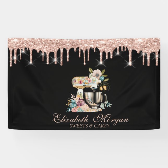 Cake Mixer Flowers Rose Gold Drips Bakery Black Banner (Horizontal)