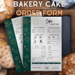 Cake Order Form Bakery Small Business Wedding Cake Flyer<br><div class="desc">Elevate your bakery business with our elegant, customisable order form template, featuring golden bakery icons on a sophisticated dark green background. This template helps you efficiently track and manage your bakery orders, estimate payment methods (cash or electronic), define cake shapes, and much more, simplifying the ordering process for both you...</div>