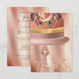 Cake Pink Rose Gold Crystals Curtains Silk Glitter Invitation