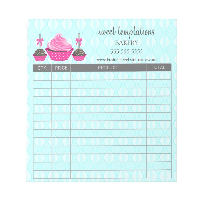 Cake Pops and Cupcake Aqua Receipt Order Form Notepad (Front)