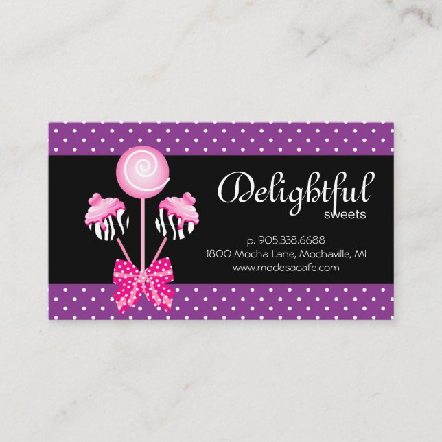 Cake Pops Business Card Bakery Zebra Retro Purple (Front)