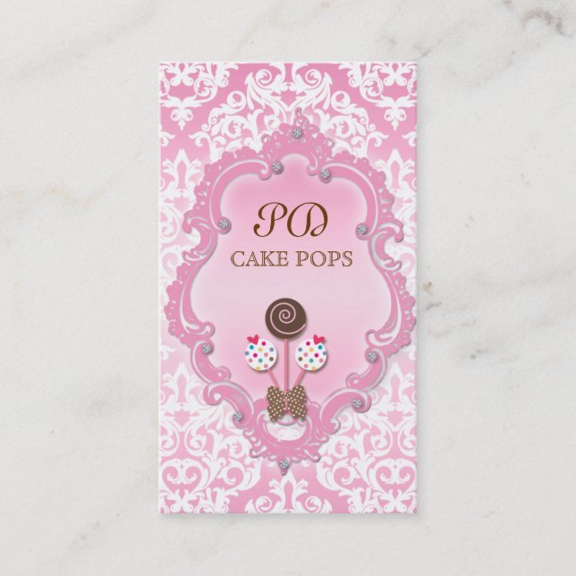 Cake Pops Business Card Retro Damask Pink White (Front)