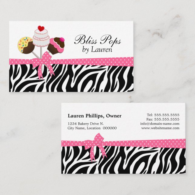 Cake Pops Zebra Stripes Ribbon Bakery Business Card (Front/Back)