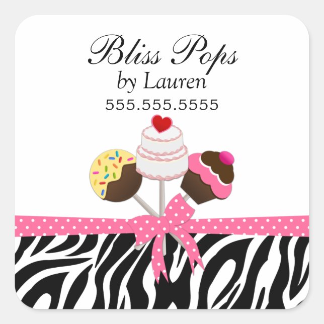 Cake Pops Zebra Stripes Ribbon Bakery Stickers (Front)