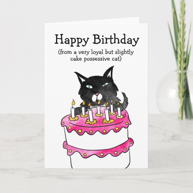 Cake possessive cat birthday card (Front)
