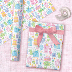 Cake Presents Balloons 5th Birthday Wrapping Paper Sheet