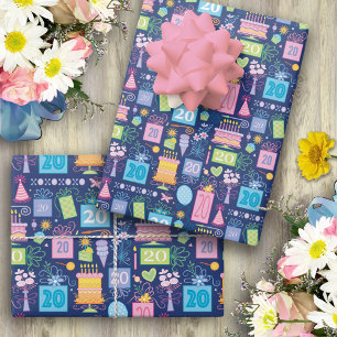 Cake Presents Balloons Blue 20th Birthday  Wrapping Paper Sheet
