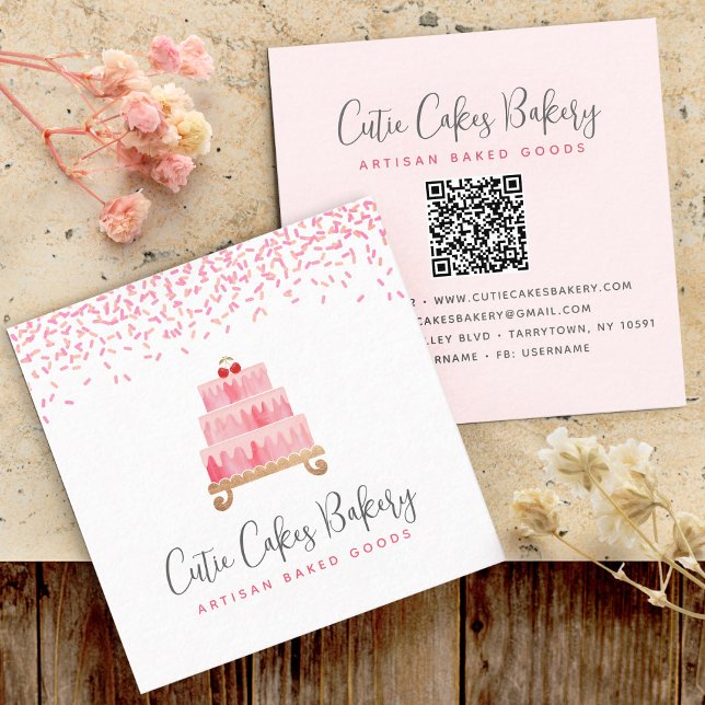 Cake QR Code Blush Pink Sprinkles Pastry Chef Chic Square Business Card (Creator Uploaded)