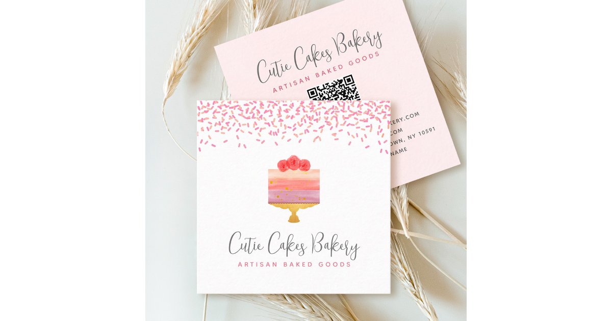 Cake QR Code Pink Ombre Sprinkles Pastry Chef Chic Square Business Card ...