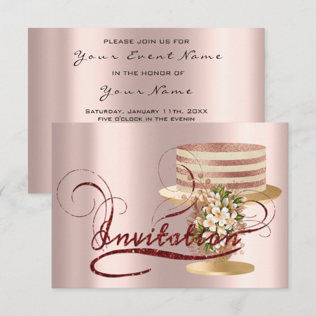 Cake Rose Glass Birthday  Bridal Shower Glitter Invitation (Front/Back)