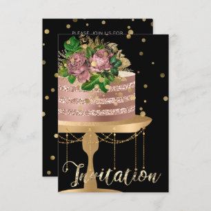 Cake Rose Gold Birthday Black Confetti Glitter Invitation
