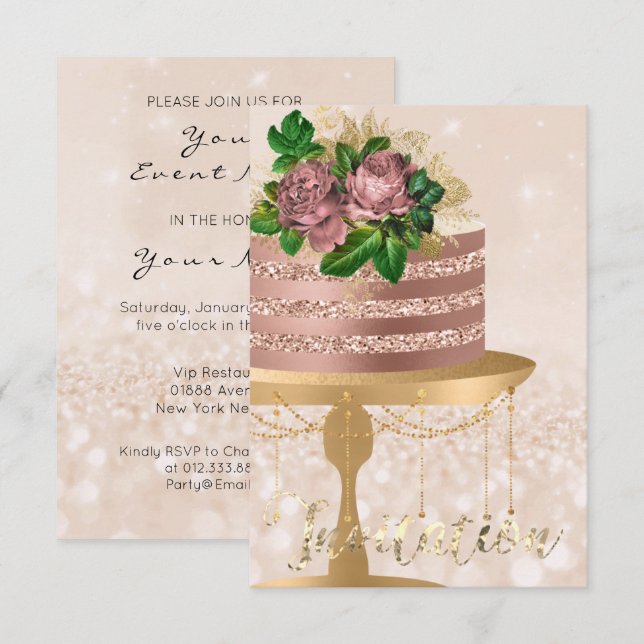 Cake Rose Gold Crystals Creamy Confetti Glitter Invitation (Front/Back)