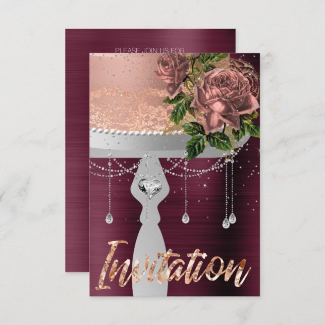 Cake Rose Gold Crystals Silver Confetti Burgundy Invitation (Front/Back)