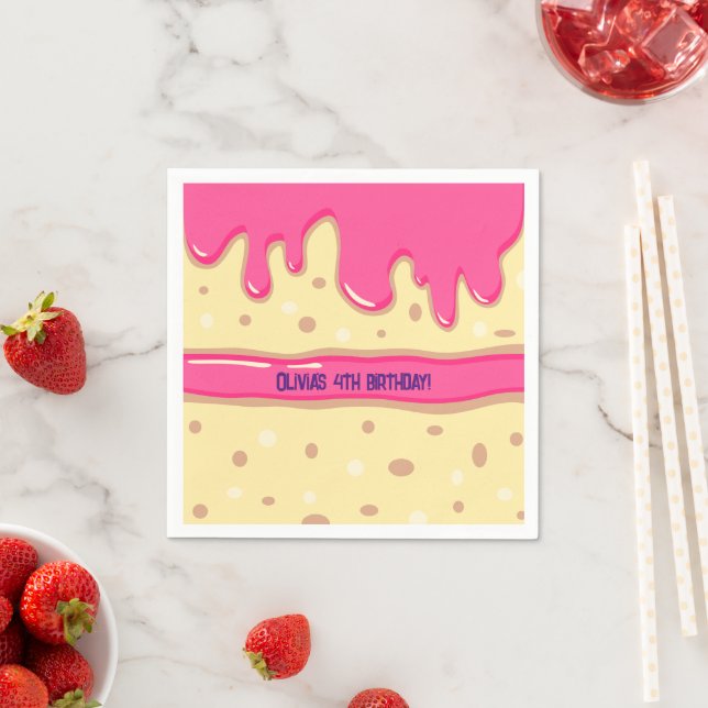 Cake slice cartoon kids birthday party pink napkin (Insitu)