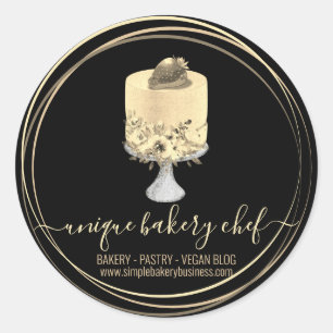 Cake strawberry bakery chef gold black classic round sticker