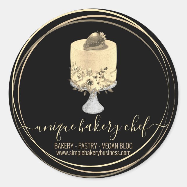 Cake strawberry bakery chef gold black classic round sticker (Front)
