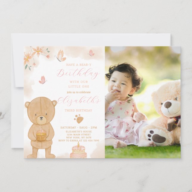 Cake Teddy Birthday Invitation With photo (Front)