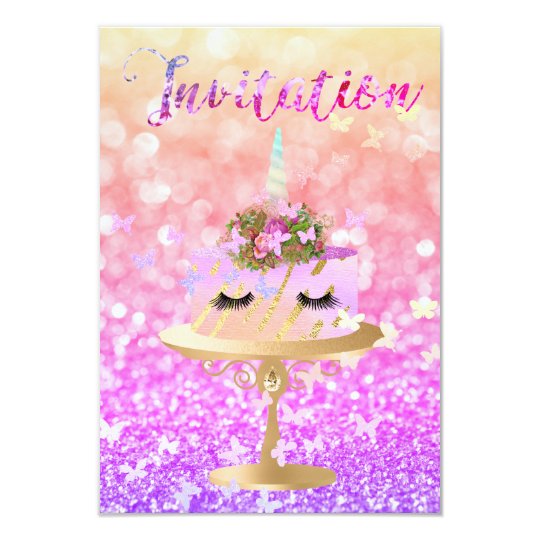 Cake Unicorn Party Glitter Lashes Pink Rainbow Card