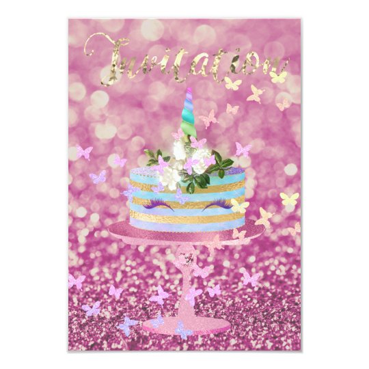 Cake Unicorn Party Glitter Lashes Pink Rose Glam Card