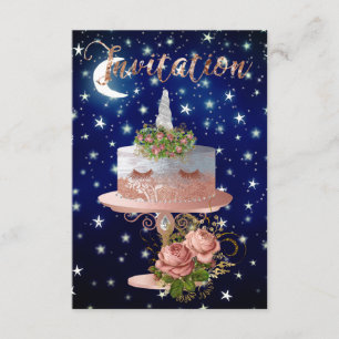 Cake Unicorn Rose Gold Blue Navy Starry Night Invitation
