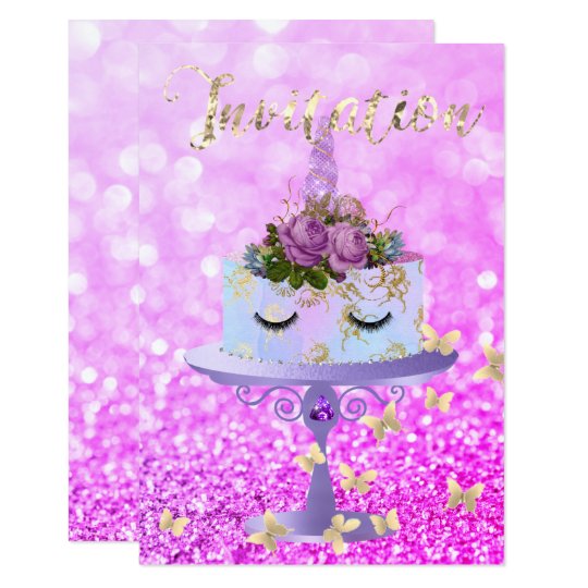 Cake Unicorn Rose Gold Glitter Lashes Amethyst Card