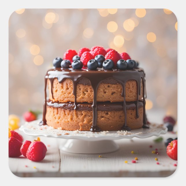 Cake With Berries On Top Square Sticker (Front)