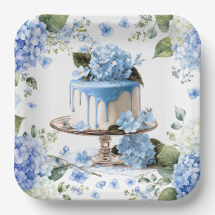 Cake with Hydrangea Flowers Paper Plate