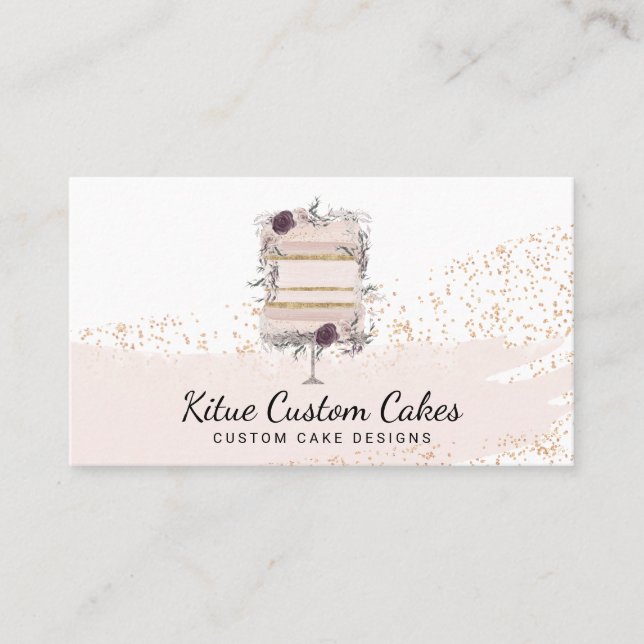 Cake with Rose Gold Glitter Flowers for Baker Business Card (Front)