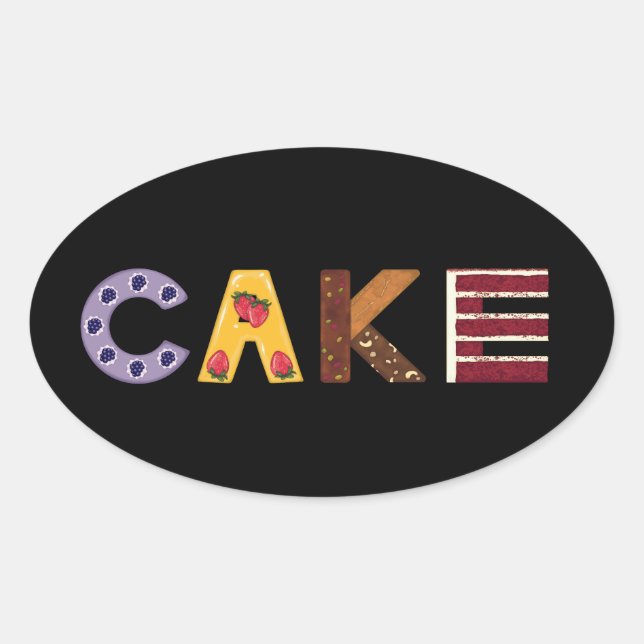 Cake word made out of pastries, layered and bar ca oval sticker (Front)