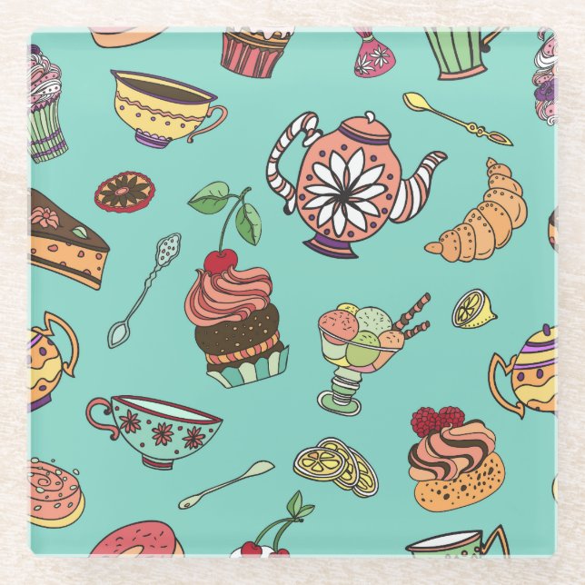Cakes Confections: Vintage Seamless Pattern Glass Coaster (Front)