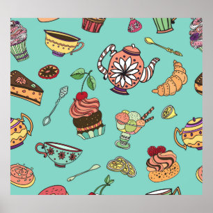 Cakes Confections: Vintage Seamless Pattern Poster