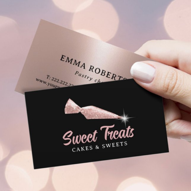 Cakes & Sweets Bakery Rose Gold Piping Bag Black Business Card (Creator Uploaded)