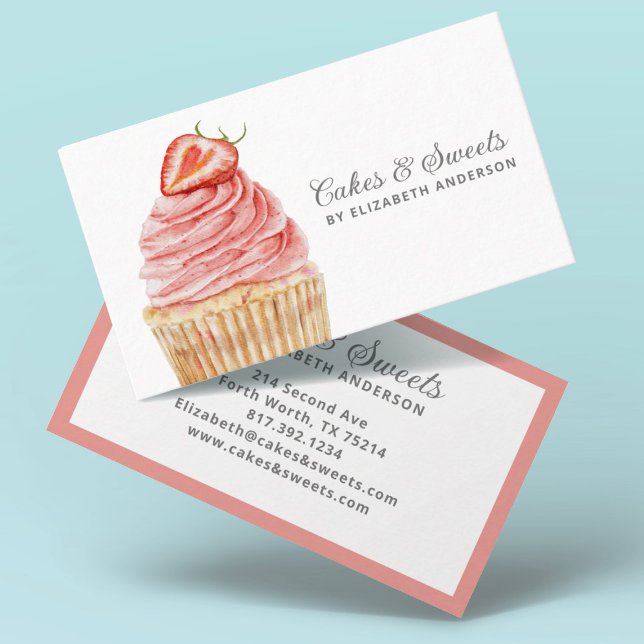 Cakes & Sweets Cupcake Bakery Pastry Chef Business Business Card (A pretty and modern cupcake bakery business card featuring a strawberry cupcake)