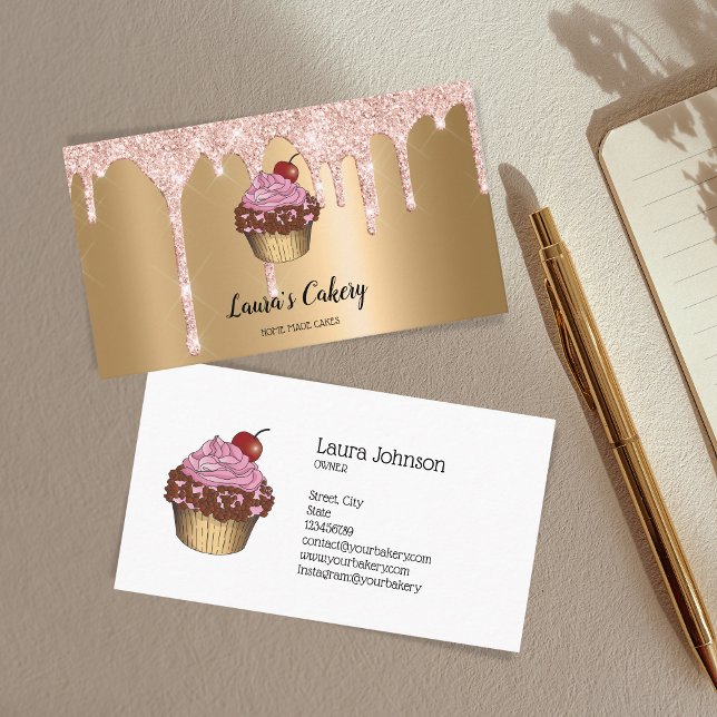 Cakes & Sweets Cupcake Home Bakery Dripping Gold B Business Card (Creator Uploaded)