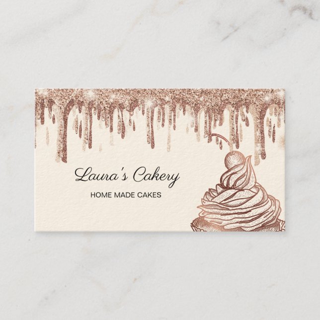 Cakes & Sweets Cupcake Home Bakery Dripping Gold Business Card (Front)