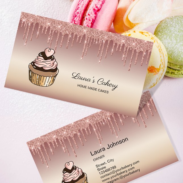 Cakes & Sweets Cupcake Home Bakery Dripping Gold Business Card (Creator Uploaded)