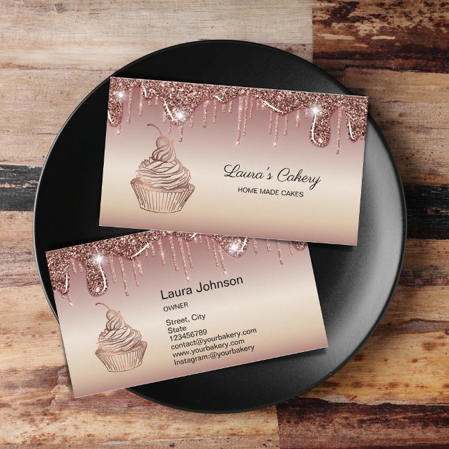 Cakes & Sweets Cupcake Home Bakery Dripping Gold Business Card (Cupcake Bakery Logo Business Card Design)