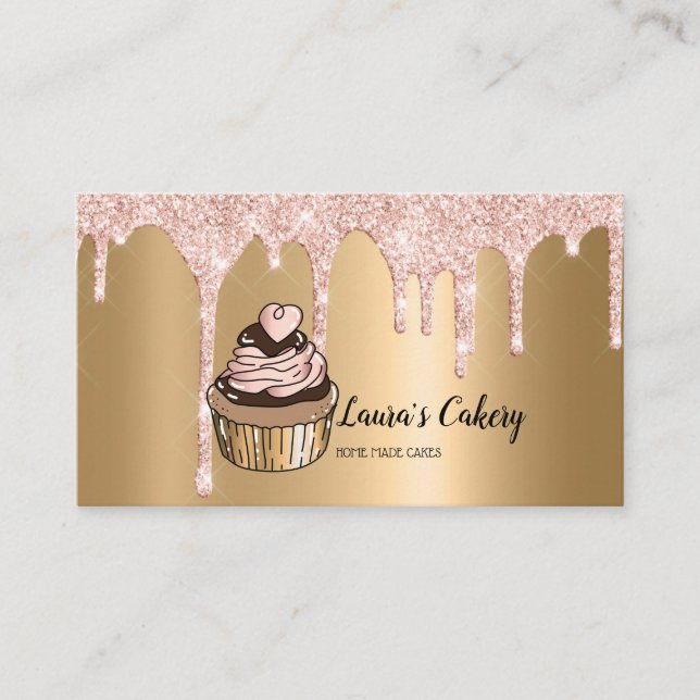 Cakes & Sweets Cupcake Home Bakery Dripping Gold Business Card (Front)
