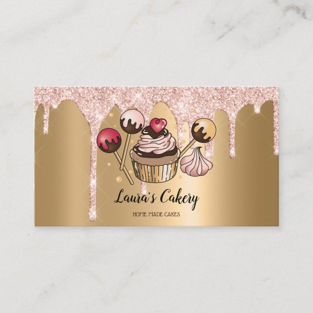 Cakes & Sweets Cupcake Home Bakery Dripping Gold Business Card (Front)