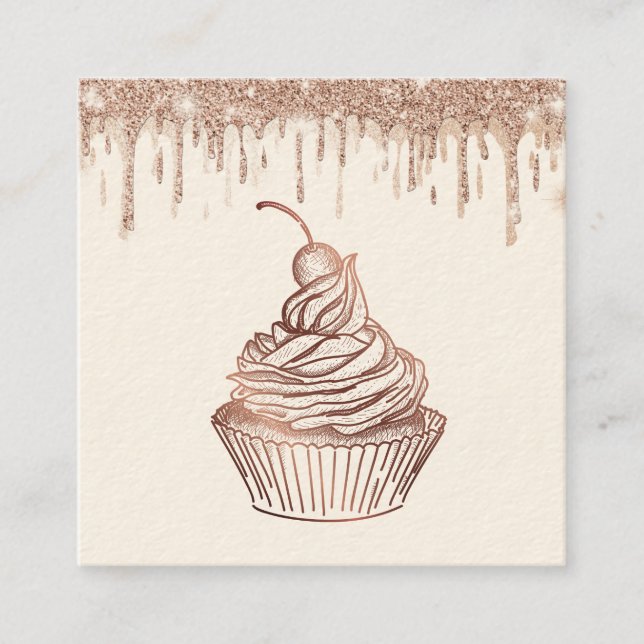 Cakes & Sweets Cupcake Home Bakery Dripping Gold Square Business Card (Front)