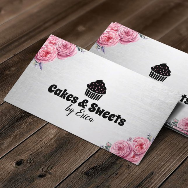 Cakes & Sweets Cupcake Home Bakery Modern Floral Business Card (Creator Uploaded)
