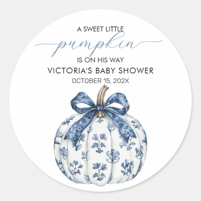 Calabaza pequeña en el camino del niño Baby Shower Classic Round Sticker (Front)