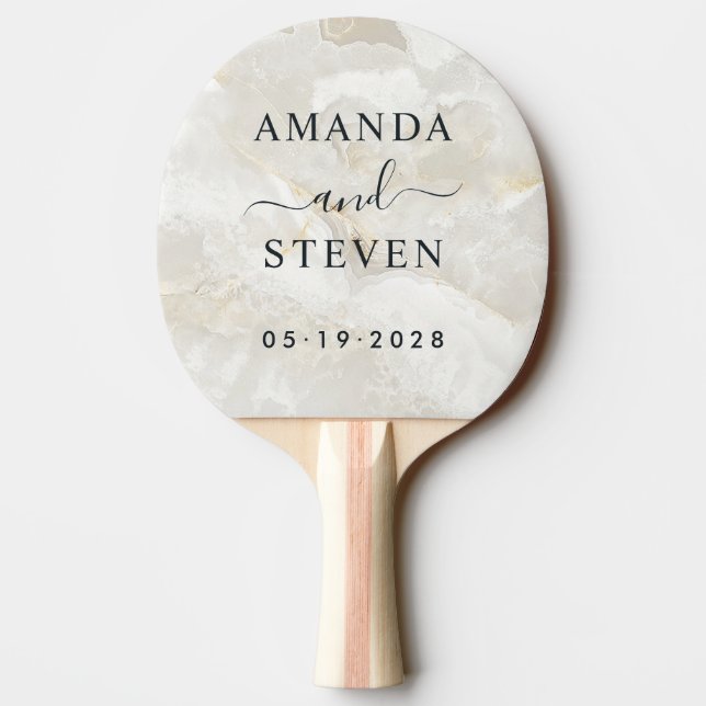 Calacatta Gold Couple Names with Wedding Date Ping Pong Paddle (Back)