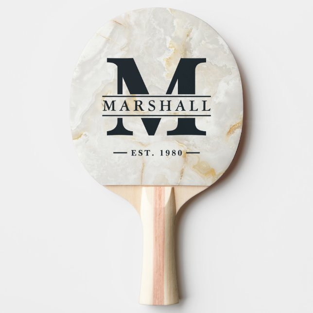 Calacatta Gold Marble Monogram & Name Overlay Ping Pong Paddle (Front)