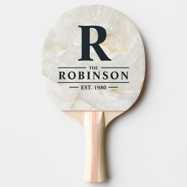 Calacatta Gold Marble Stone Family Name & Initial Ping Pong Paddle (Front)